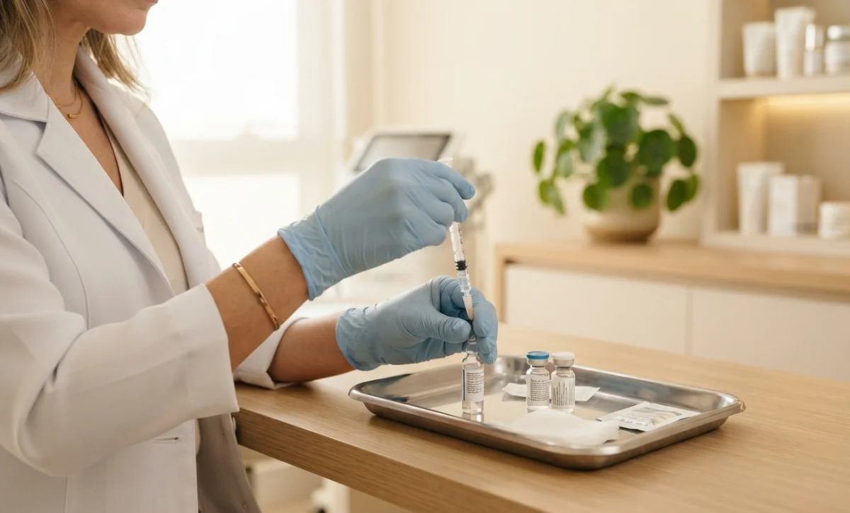 Médica de jaleco branco e luvas preparando uma aplicação injetável, aspirando o conteúdo de um frasco sobre bandeja de inox, em sala clara de clínica