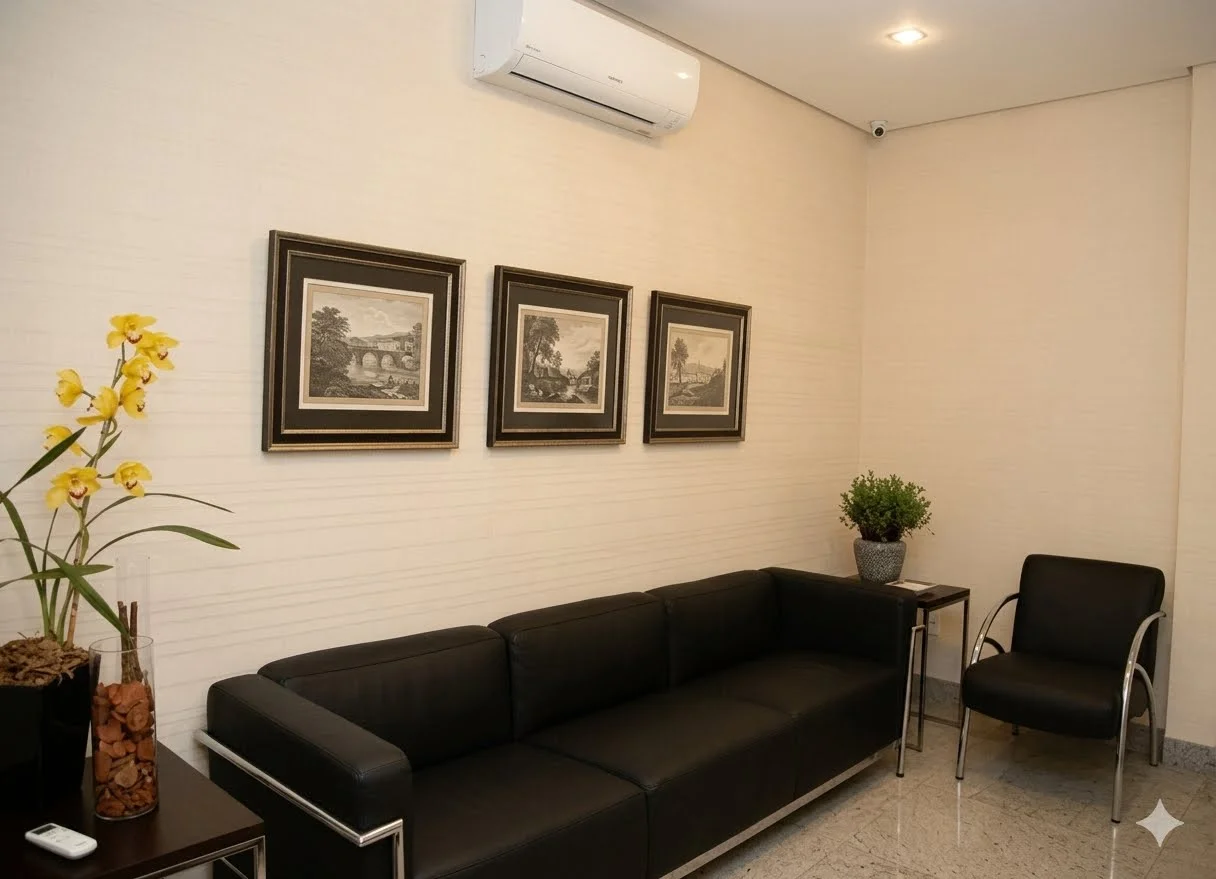 Sala de espera com sofá de couro, quadros e orquídea no Instituto Silvia Strazzi
