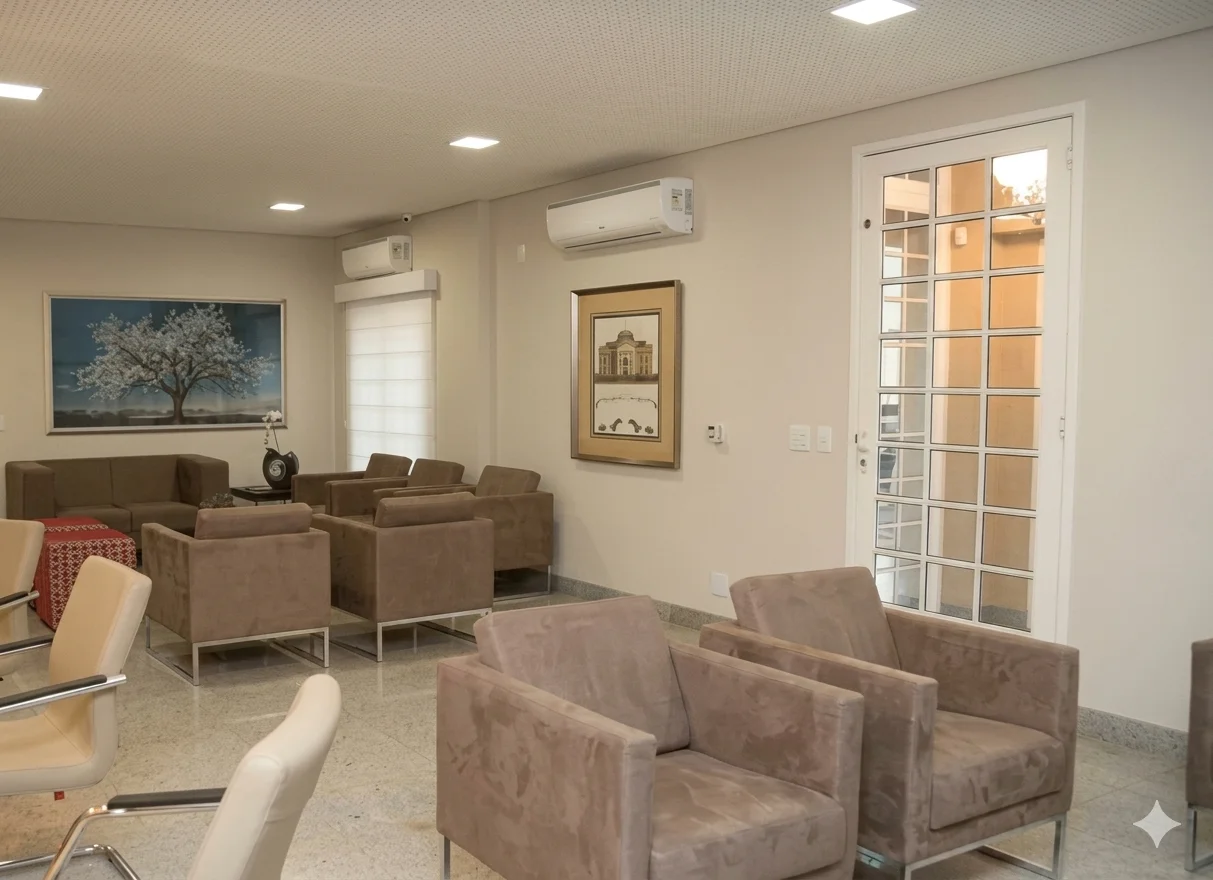 Ampla recepção do Instituto Silvia Strazzi, com poltronas e luz natural