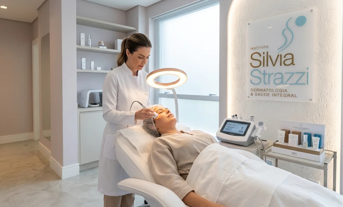 Tratamento facial em sala do Instituto Silvia Strazzi, com a logomarca na parede